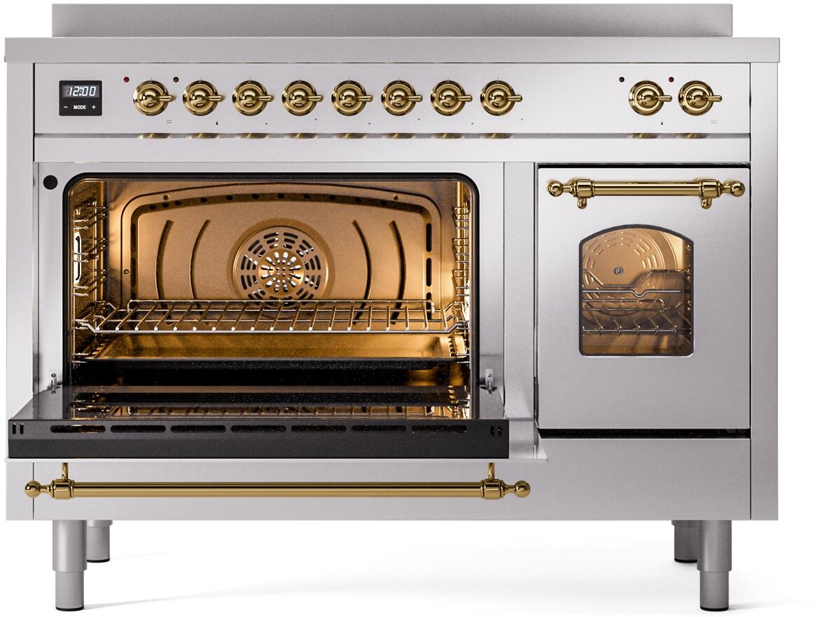Stainless steel induction range with brass trim, left oven open and right door closed