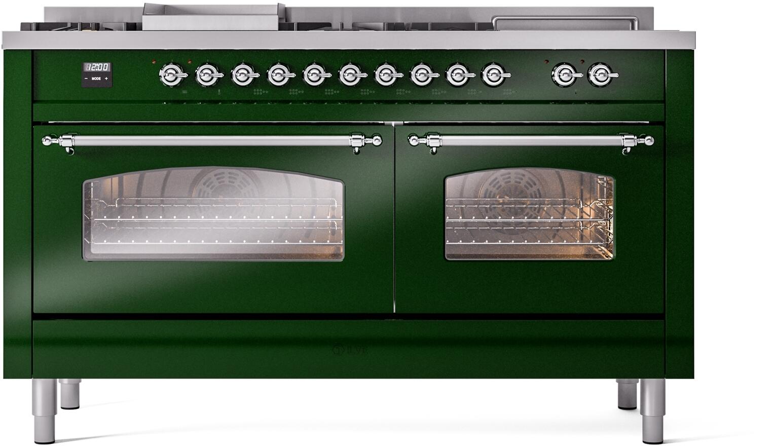 Emerald green dual fuel range with two chrome-trimmed glass oven doors