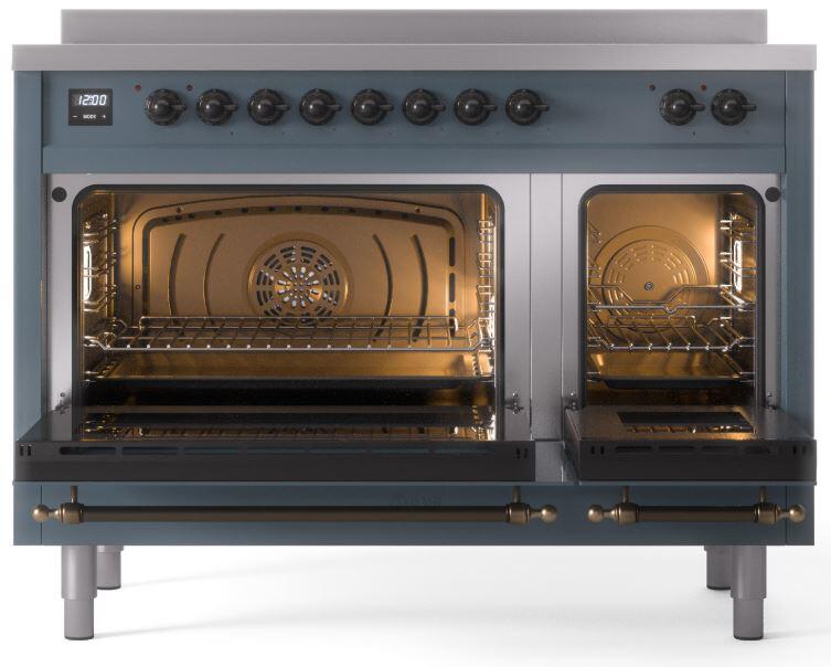 Double-oven interior view with warm lighting, racks, and fan in blue grey range