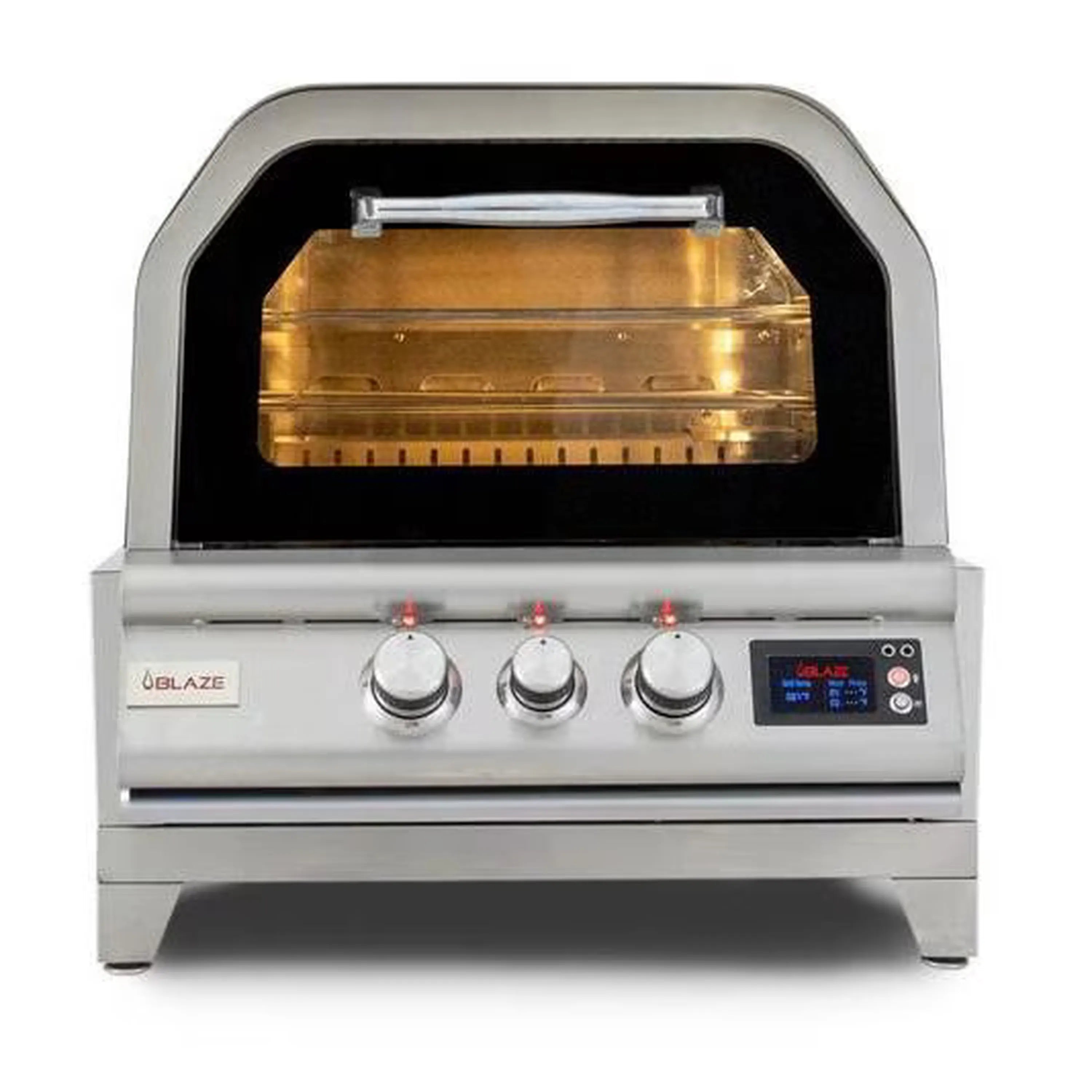 Countertop propane pizza oven with open door and three control knobs, stainless steel