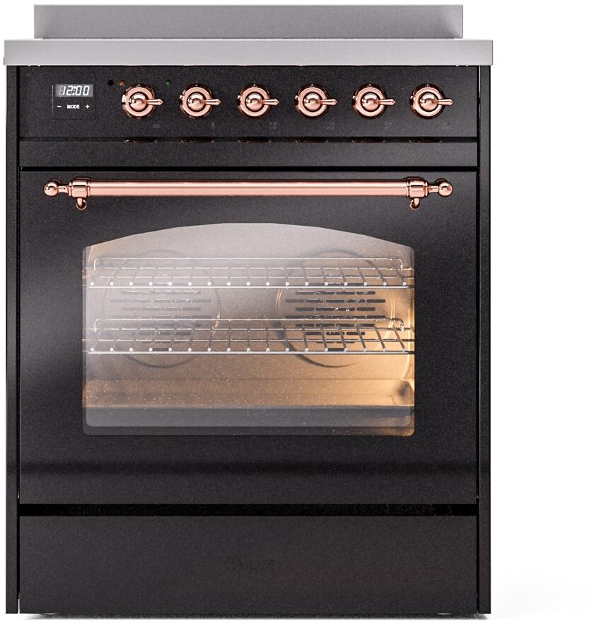Freestanding induction electric range with glossy black finish and copper-trimmed oven controls