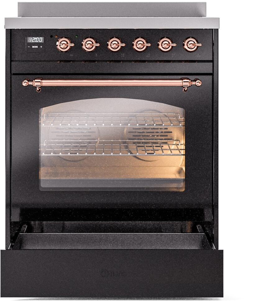 Freestanding induction range with glossy black door and copper handle, oven window visible