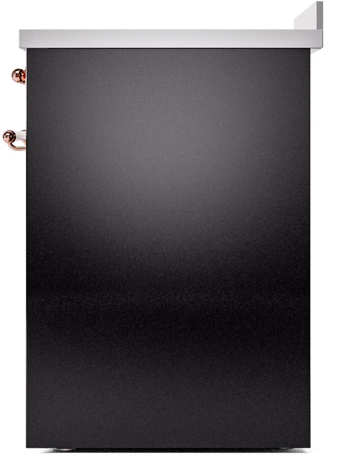 Glossy black freestanding induction range back panel with copper side hardware