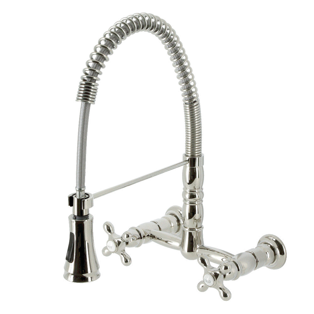 Polished nickel pre-rinse bridge kitchen faucet with coiled hose and side handles