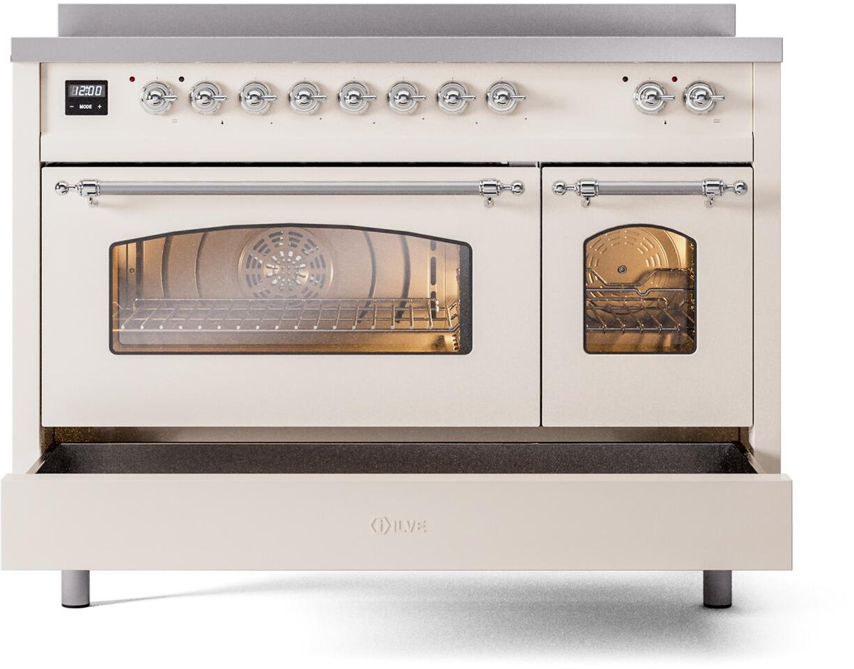 Freestanding induction range with oven door window and side compartment access panels open