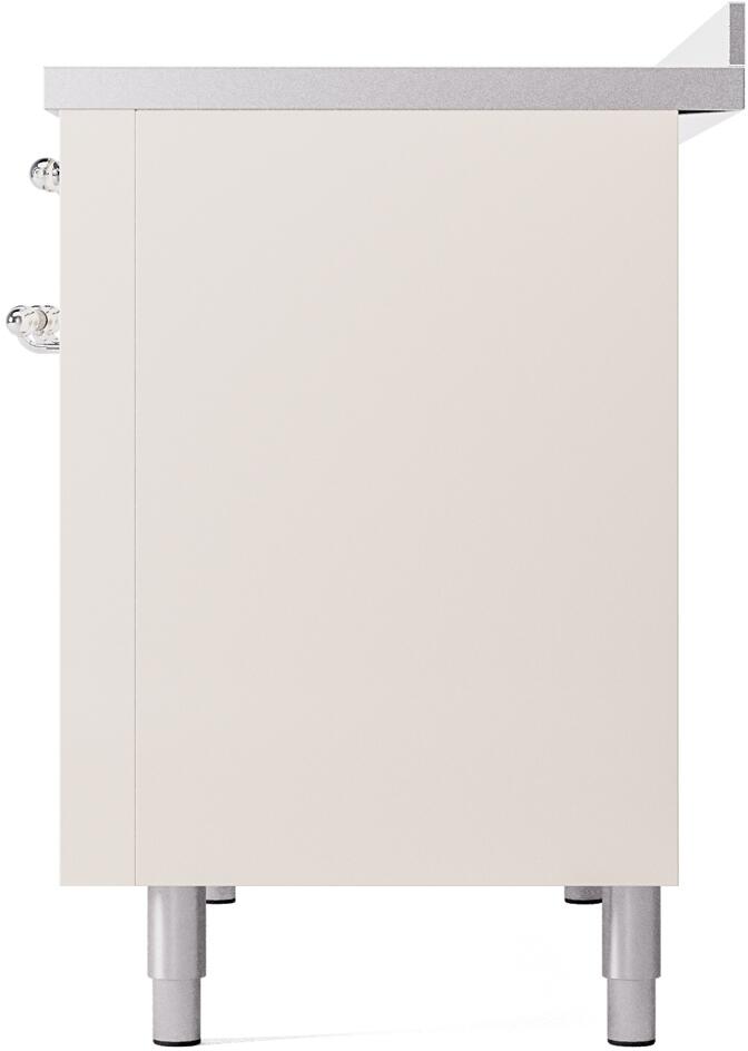 Rear side panel of freestanding induction range in antique white with chrome corner hardware
