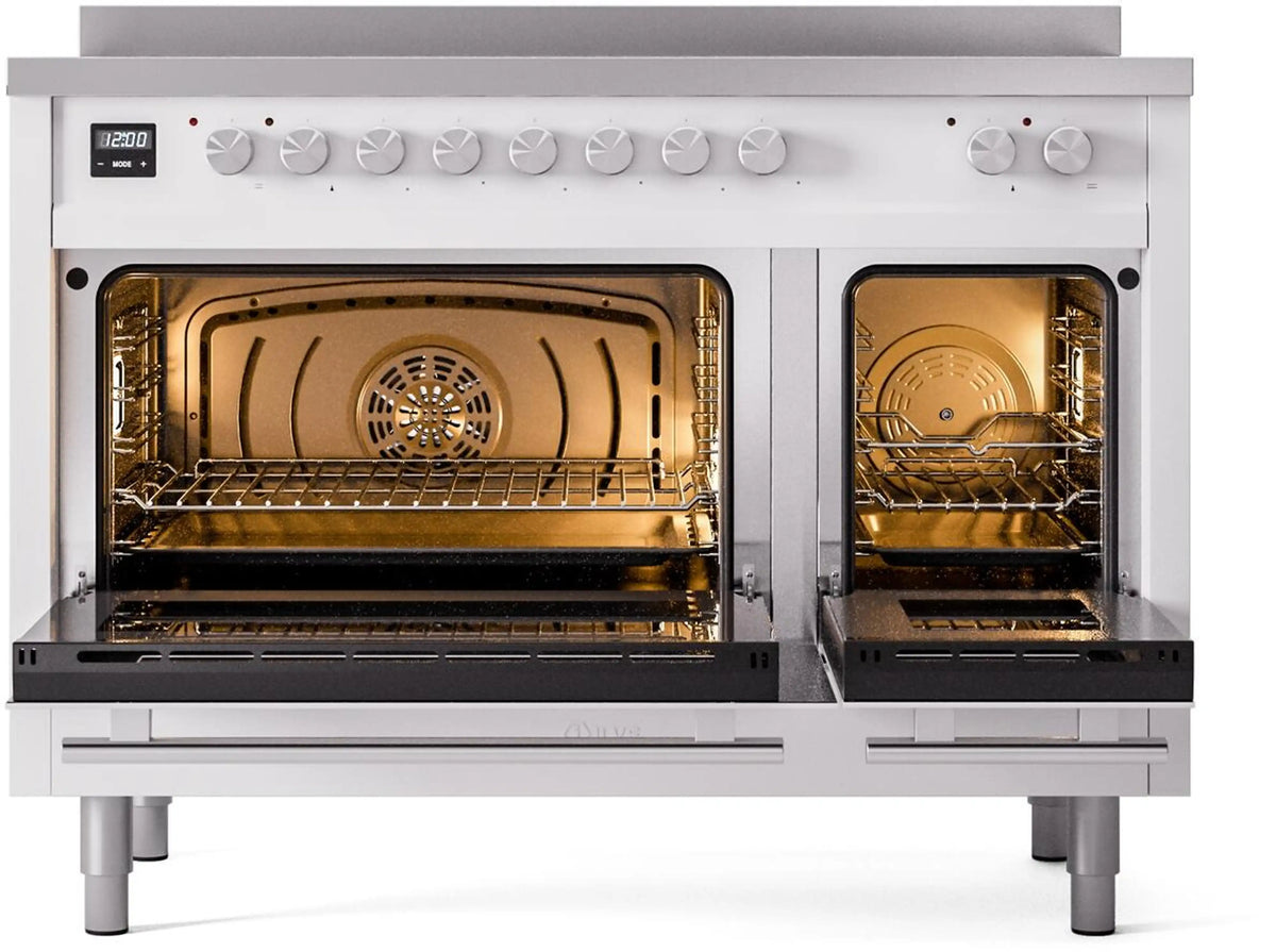 White induction range with both ovens open, showing interior racks and warm-lit oven chambers