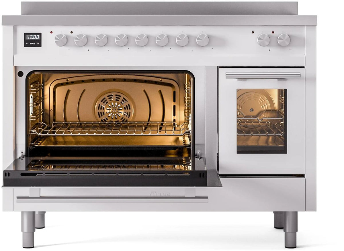 White induction range with one oven door open and the other partially open, interior view