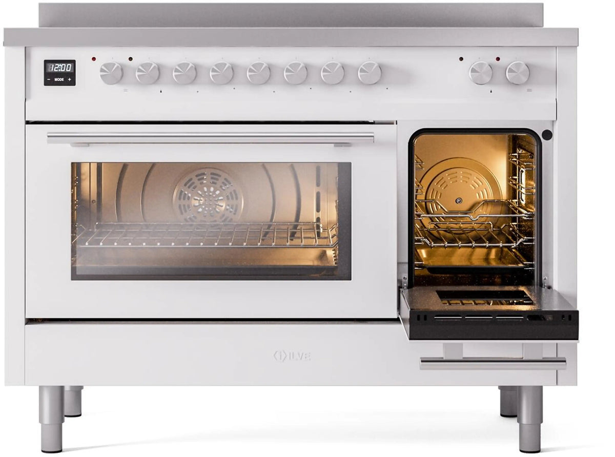 White induction range front view with open oven door, showing lit oven interior racks