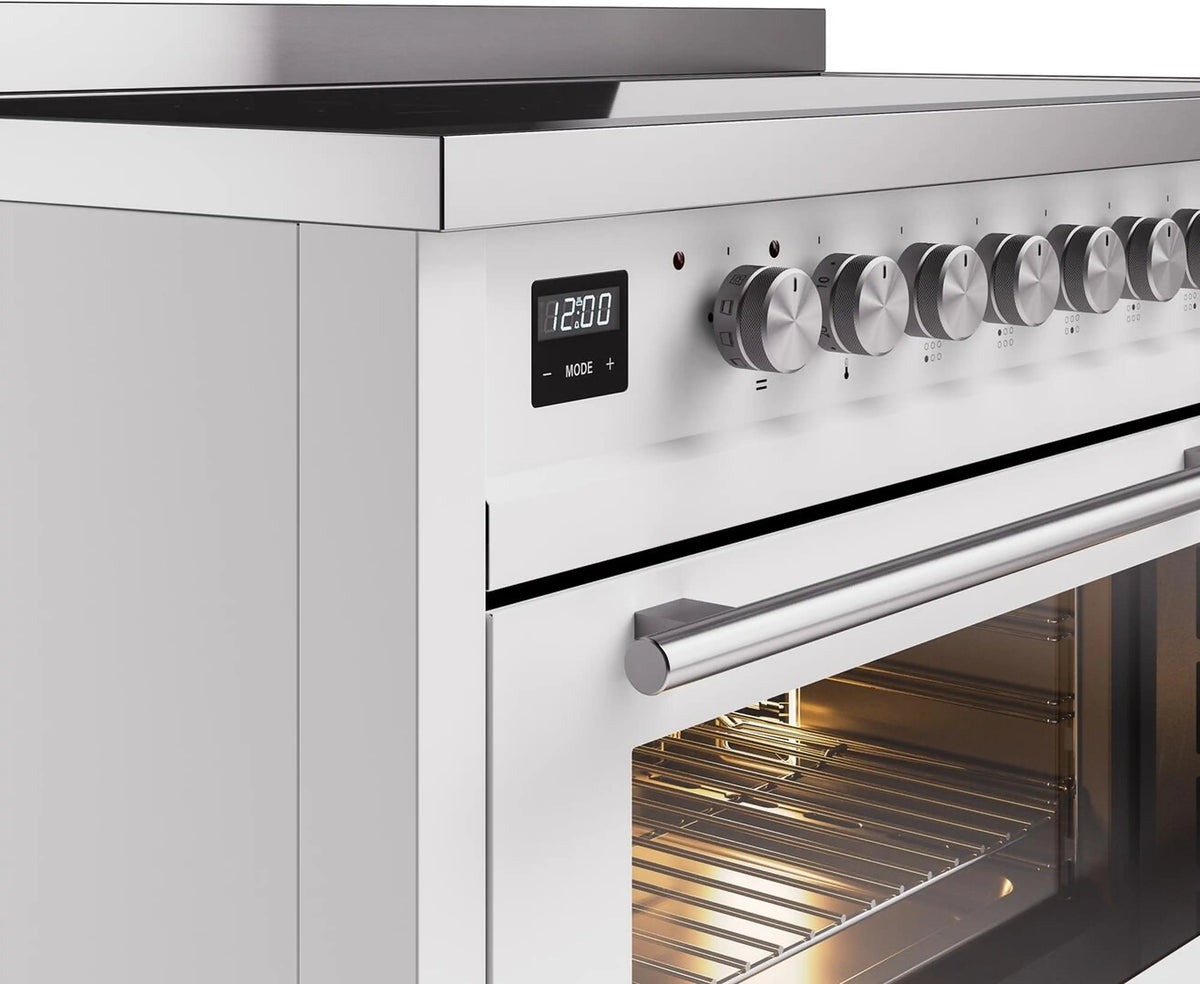 White induction range control panel with clock display, rotary knobs, and oven handle