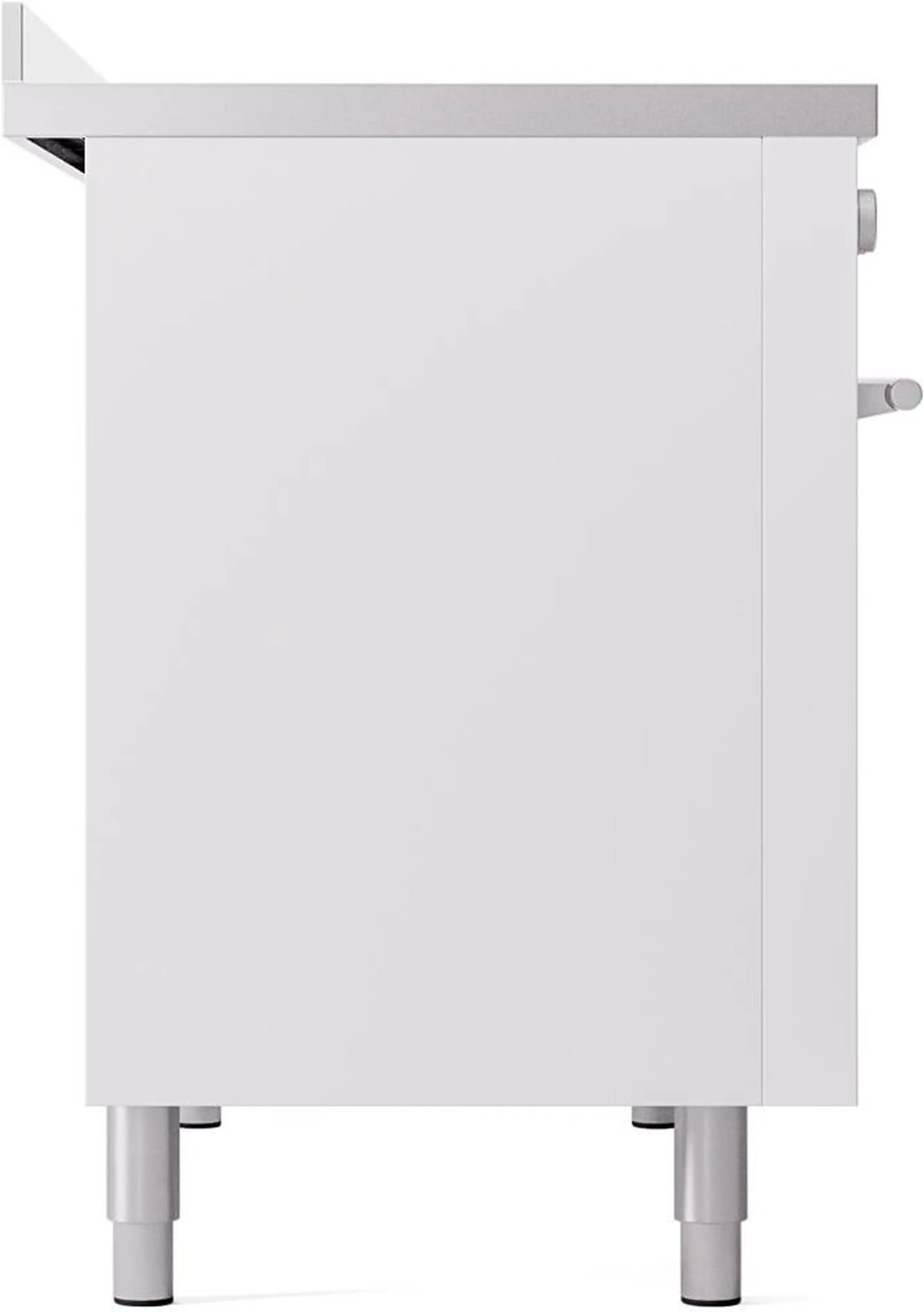 White induction range side panel with four leveling legs