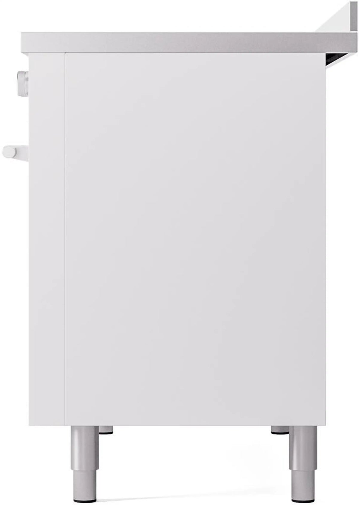 White induction range lower side panel with side vent cutouts and leveling legs