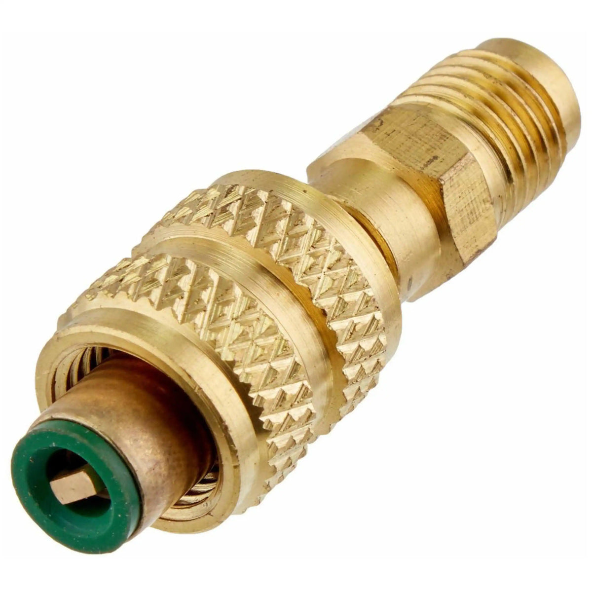 Brass R410A SAE adapter, 1/4-in to 5/16-in; green O-ring seal