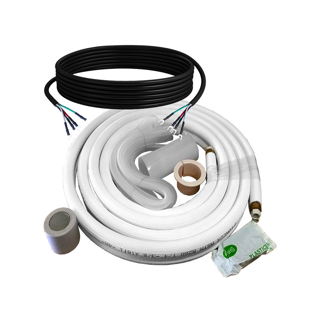 Coiled white refrigerant line set with black cable and insulation sleeves