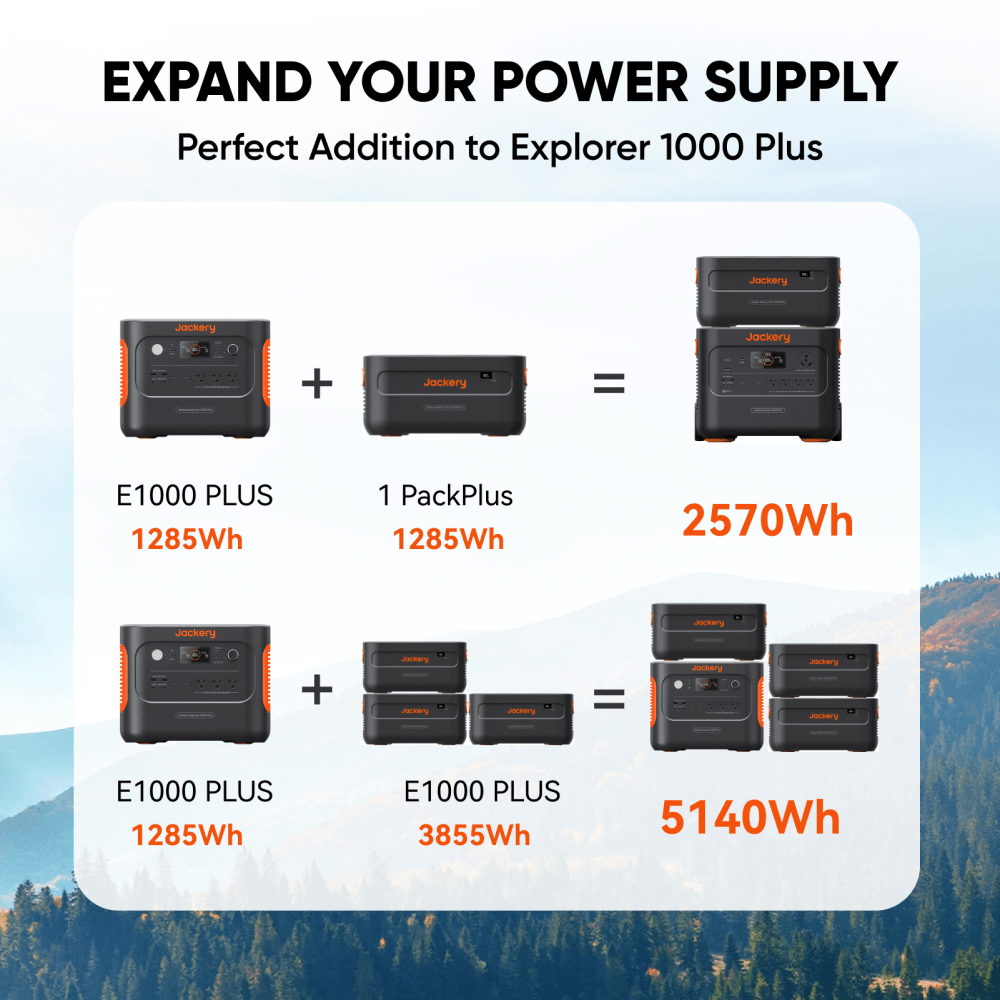 Stacked Jackery Expansion battery packs, showing expandable power setup