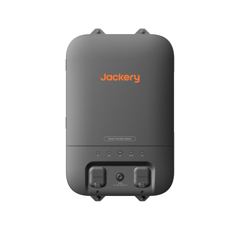 Jackery smart transfer switch, dark gray wall-mount unit with status buttons and ports