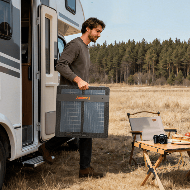 Foldable Jackery solar panel carried near a camper van, dark grid surface
