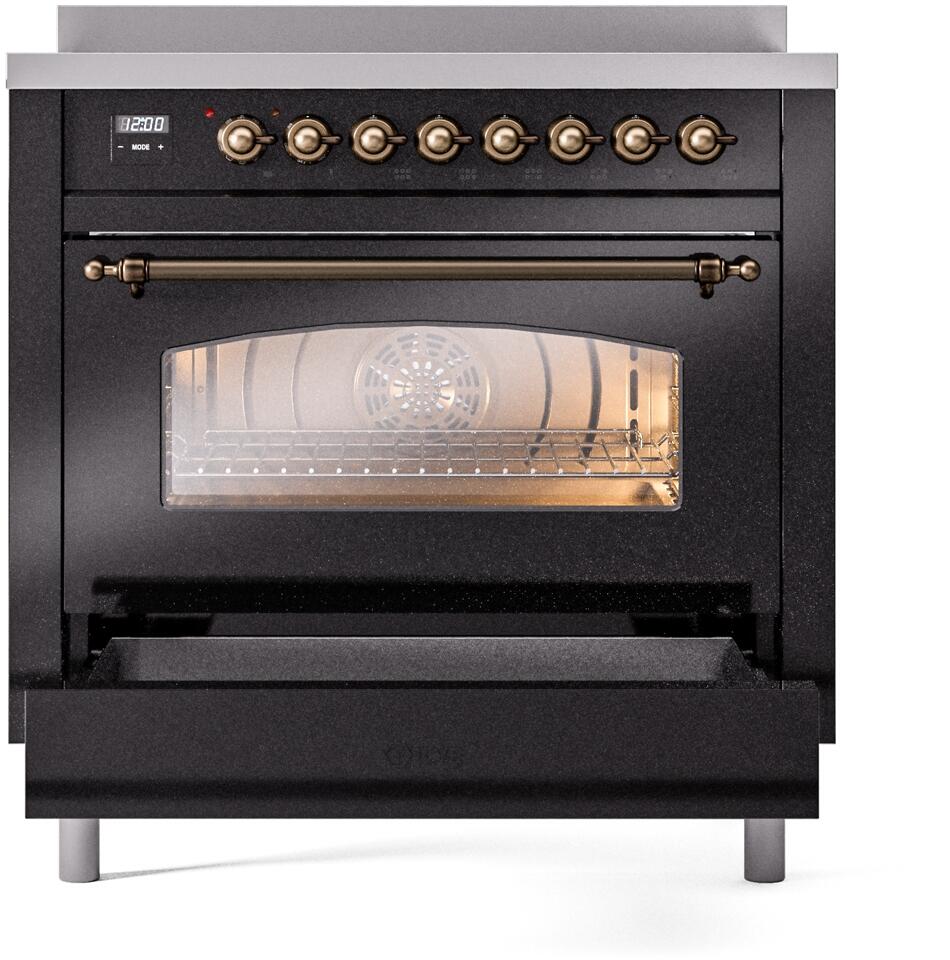 Freestanding electric induction range front with glass door and bronze handle bar