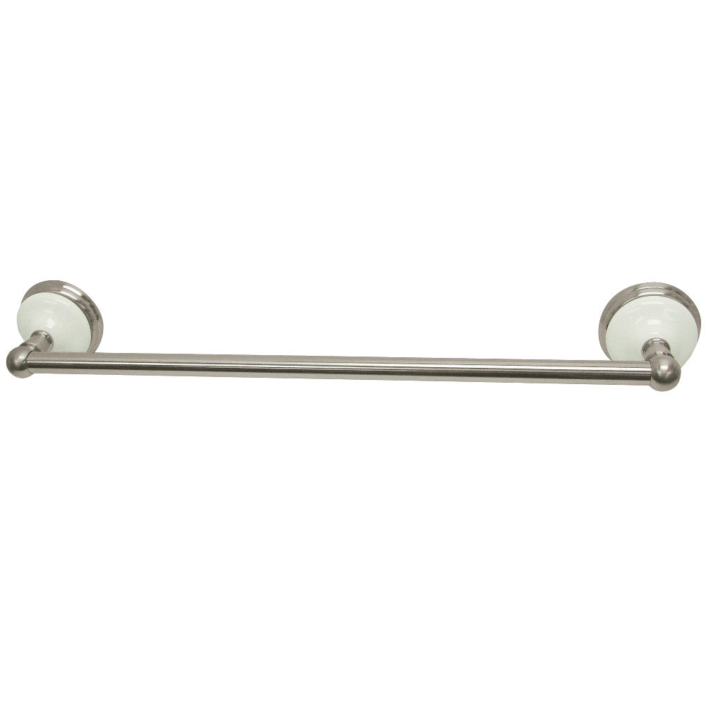 Victorian single towel bar with brushed nickel rail and round wall flanges.