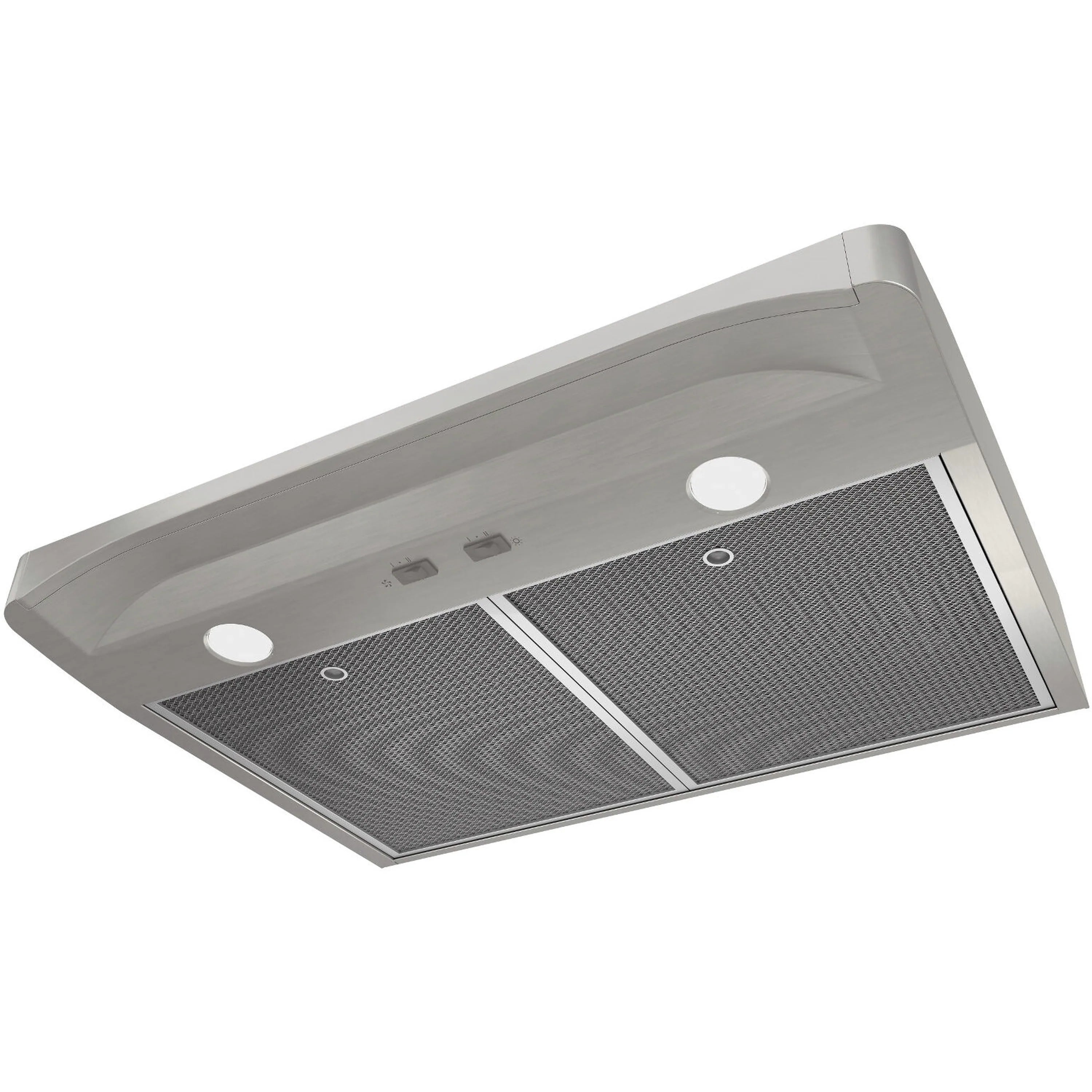 Stainless steel convertible range hood with two mesh grease filters and control panel