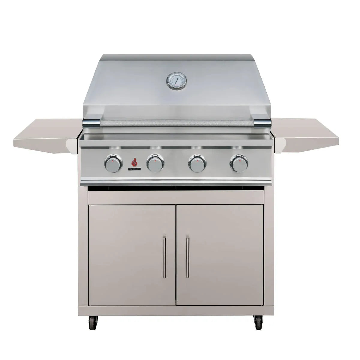Stainless steel 4-burner natural gas freestanding grill with control knobs and cabinet doors