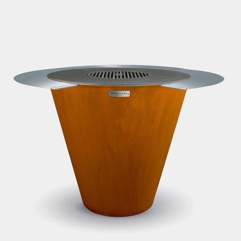 Tall round fire pit grill with vented cooktop cover and wood-brown body