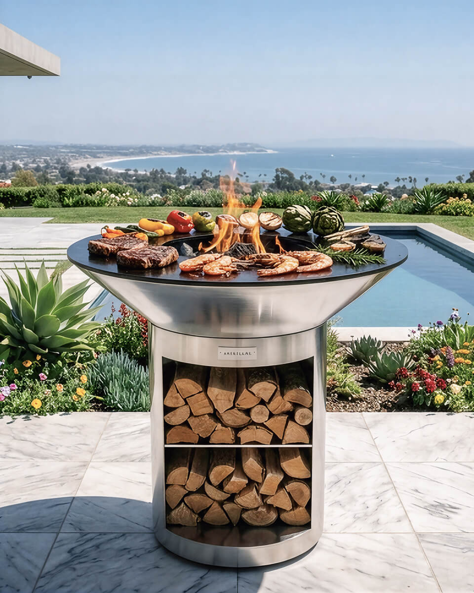 Stainless steel grill storage base with open cooking top and wood log storage door