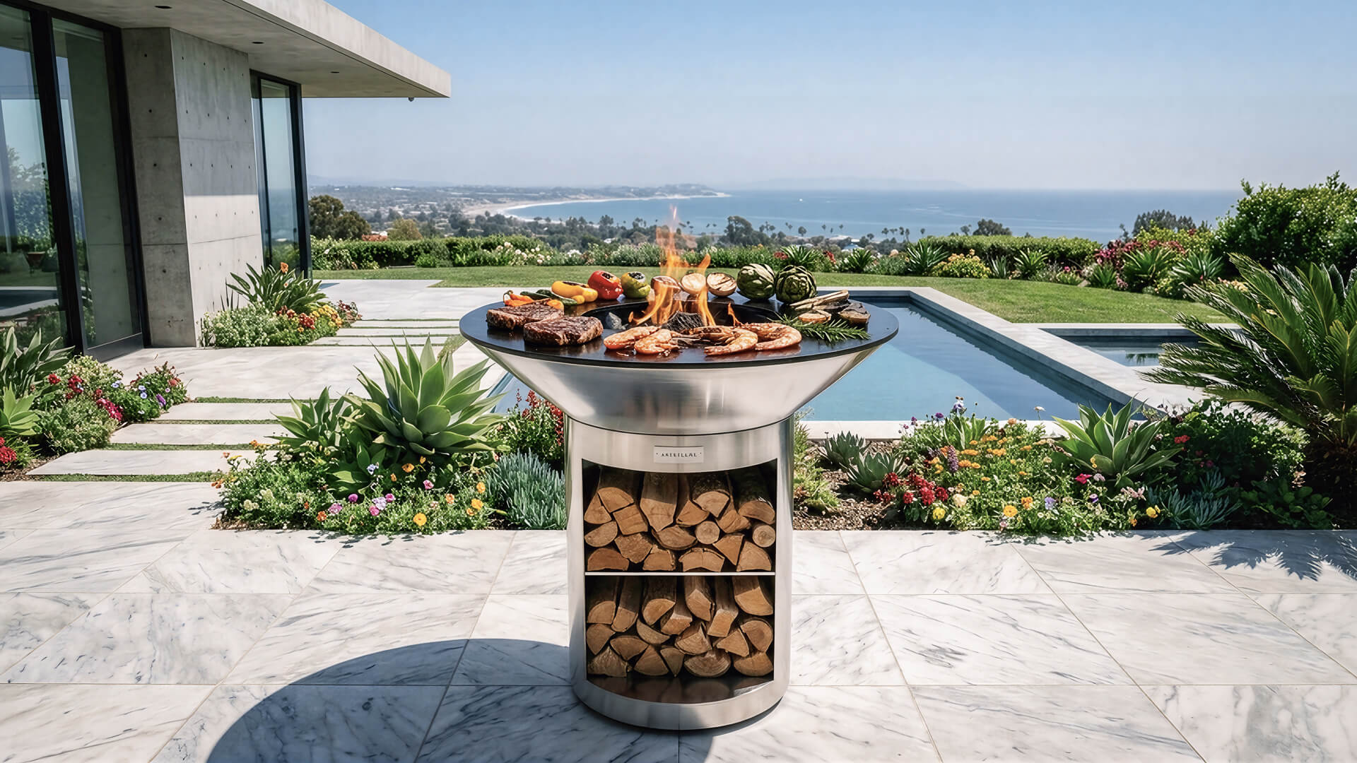 Stainless steel grill storage base in outdoor patio setting with wood log storage