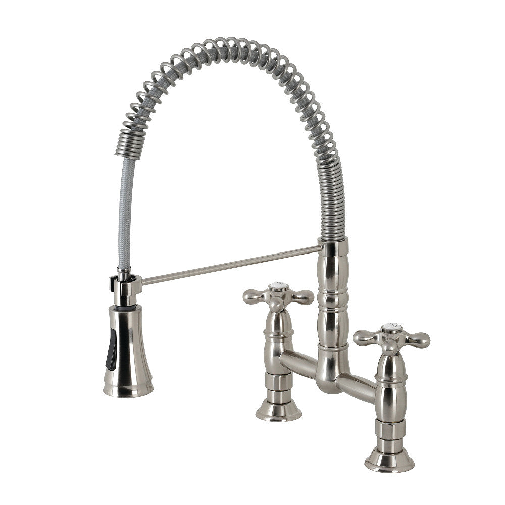 Brushed nickel deck-mount bridge kitchen pre-rinse faucet with coiled sprayer hose
