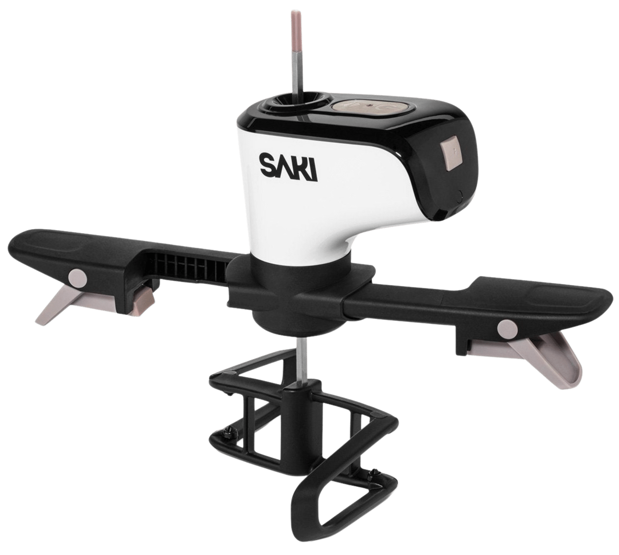SAKI cordless automatic pot stirrer, black base and white motor head with arms
