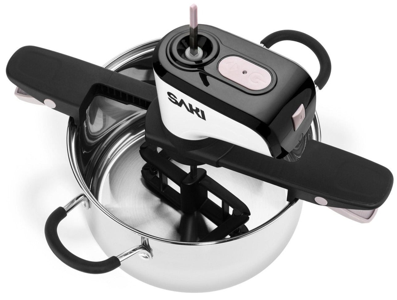 SAKI automatic pot stirrer over metal pot, black arms and top control button