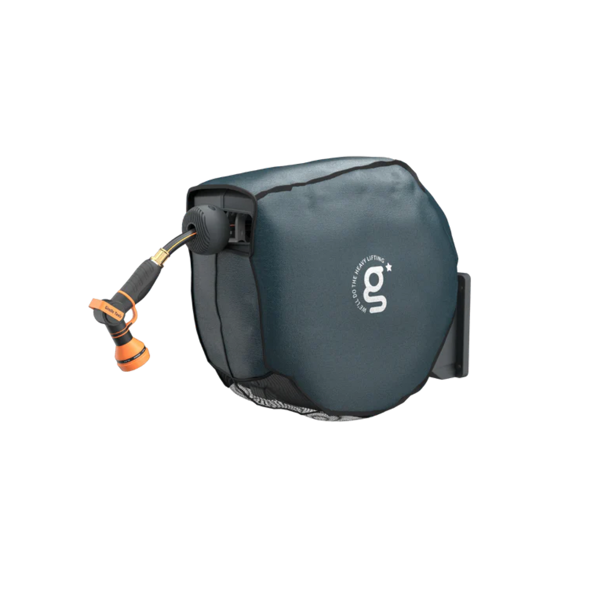 Dark gray waterproof hose reel cover with zipper and g-logo front panel