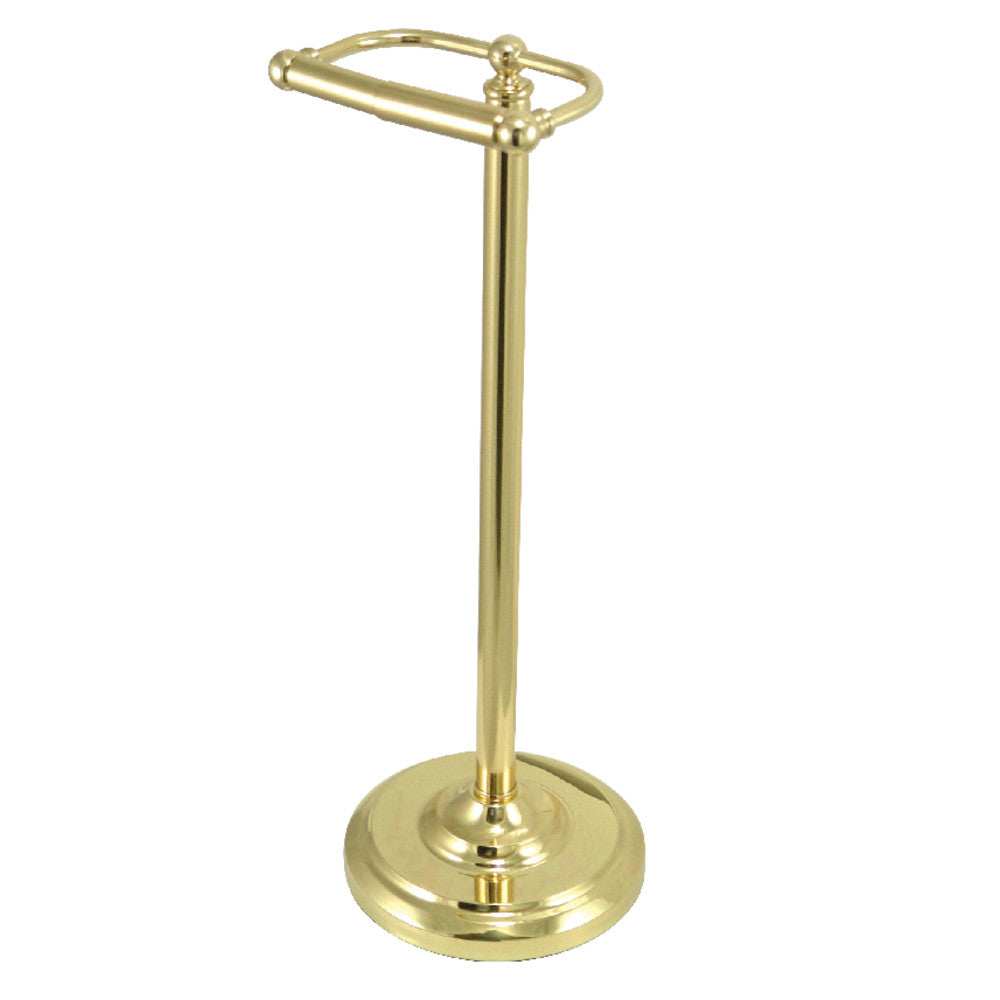 Freestanding toilet paper holder, polished brass with round base and curved bar