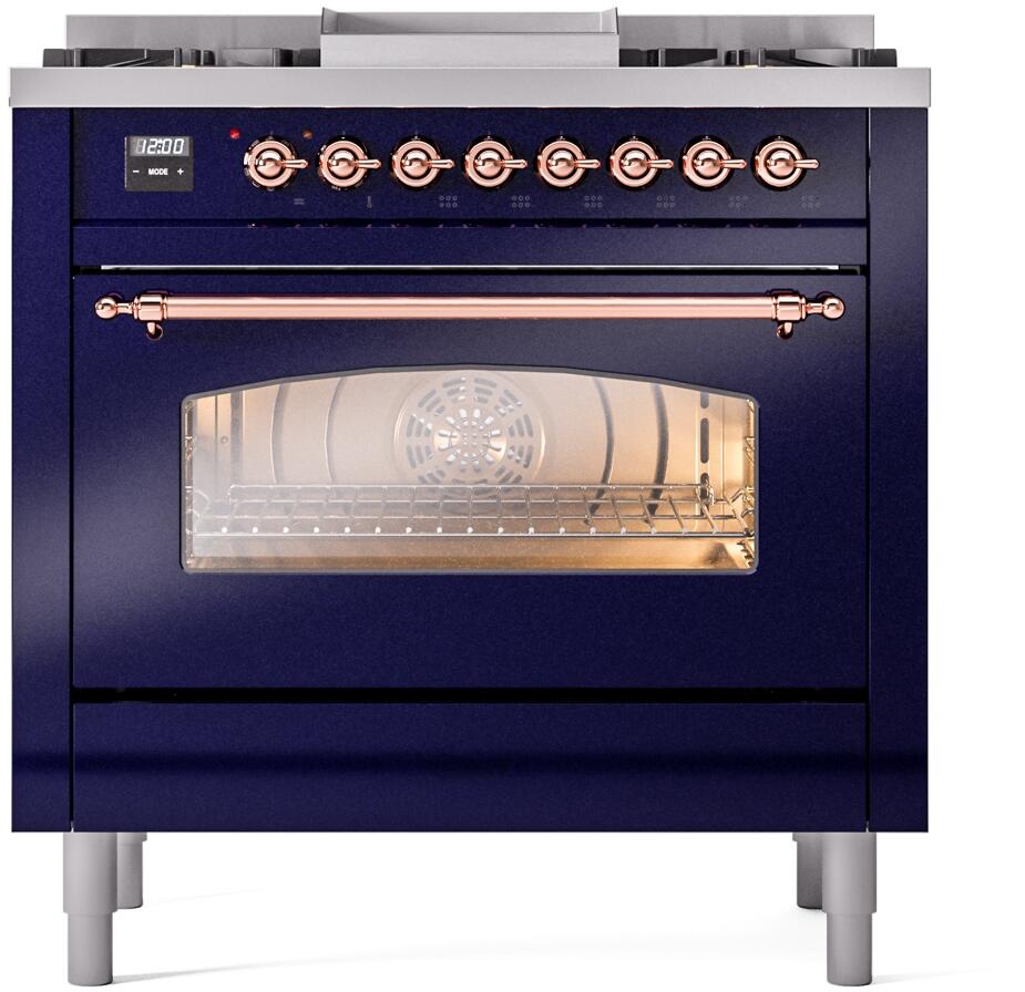 Midnight blue oven door with copper control knobs and glass window view