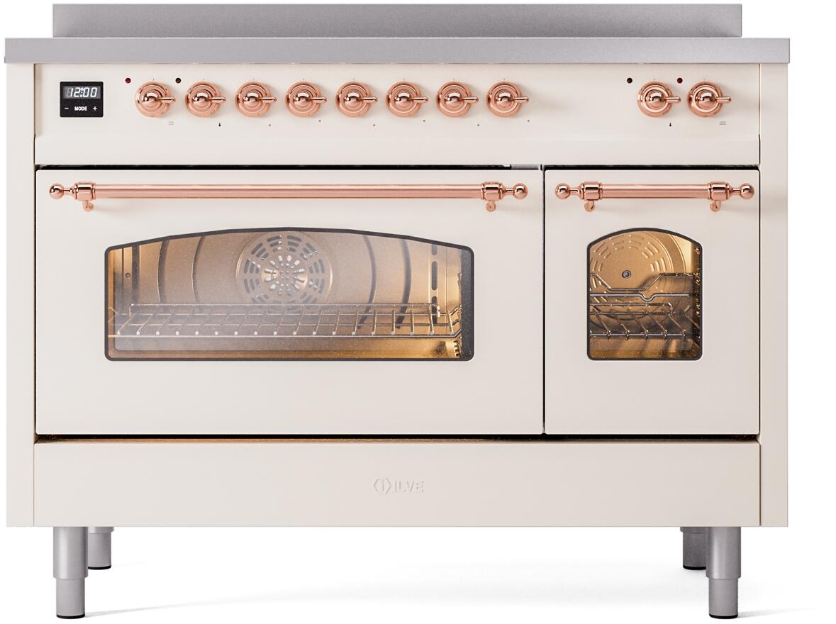 Antique white electric induction range with copper knobs and two oven doors