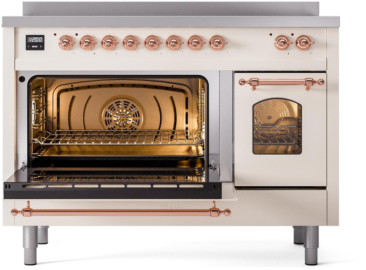 Antique white electric induction range with oven door open showing racks and fan