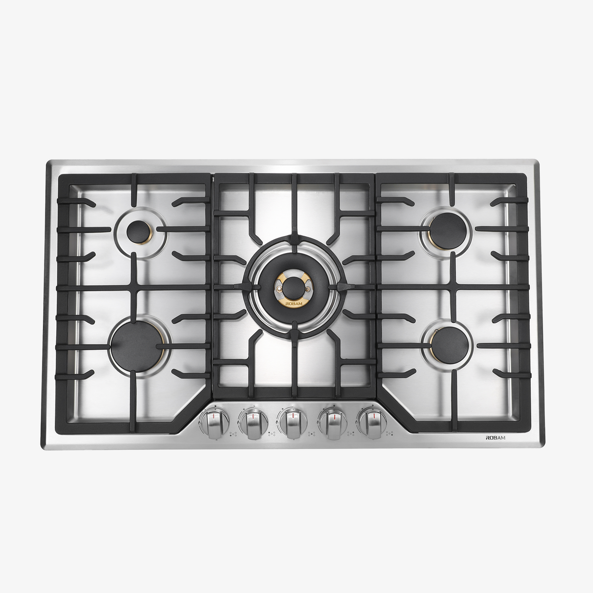Stainless steel dual fuel cooktop with five gas burners and black cast grates