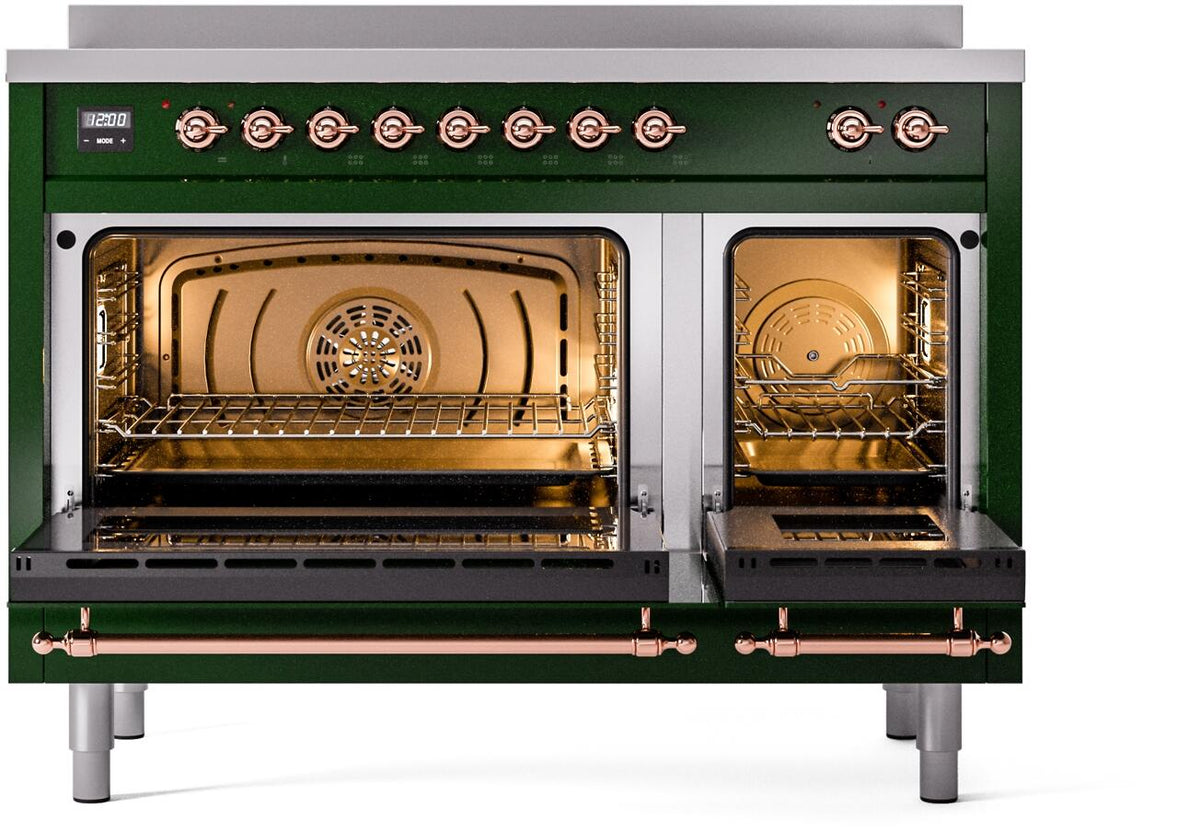 Freestanding range with emerald oven door open and copper handle, heating elements visible