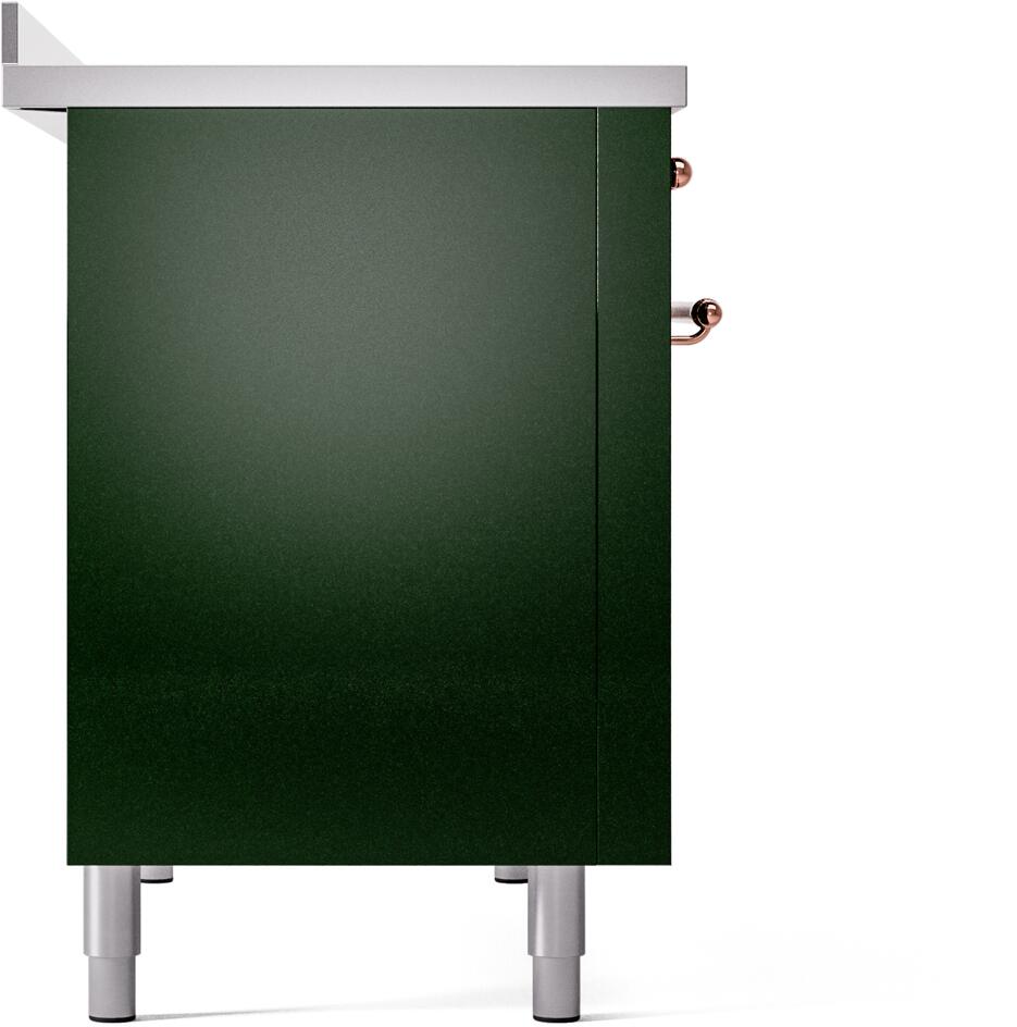 Emerald green freestanding electric range end panel with copper handle hardware and legs