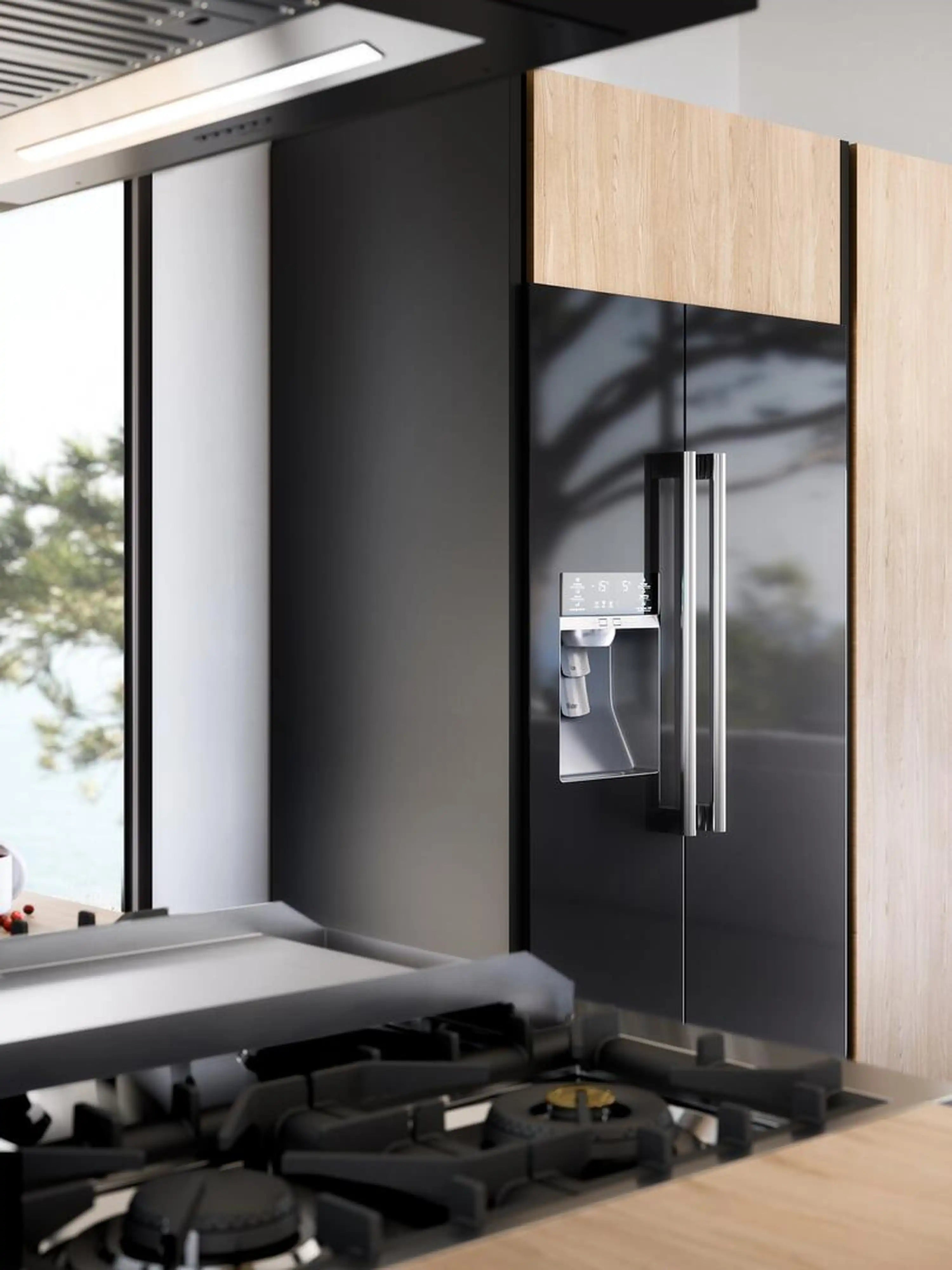 Freestanding gas range side view with control panel, cooktop burners, and drawer handle