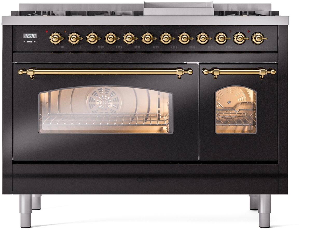 Freestanding dual fuel range front with brass controls and double oven window
