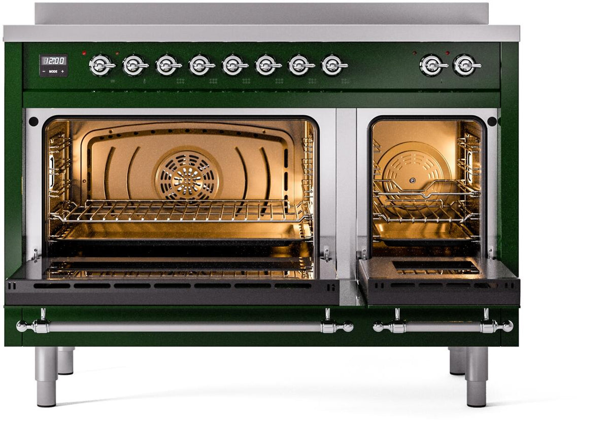 Freestanding electric induction range with oven doors open and interior racks visible