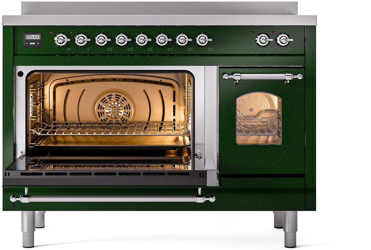 Freestanding electric induction range with main oven open and storage door closed