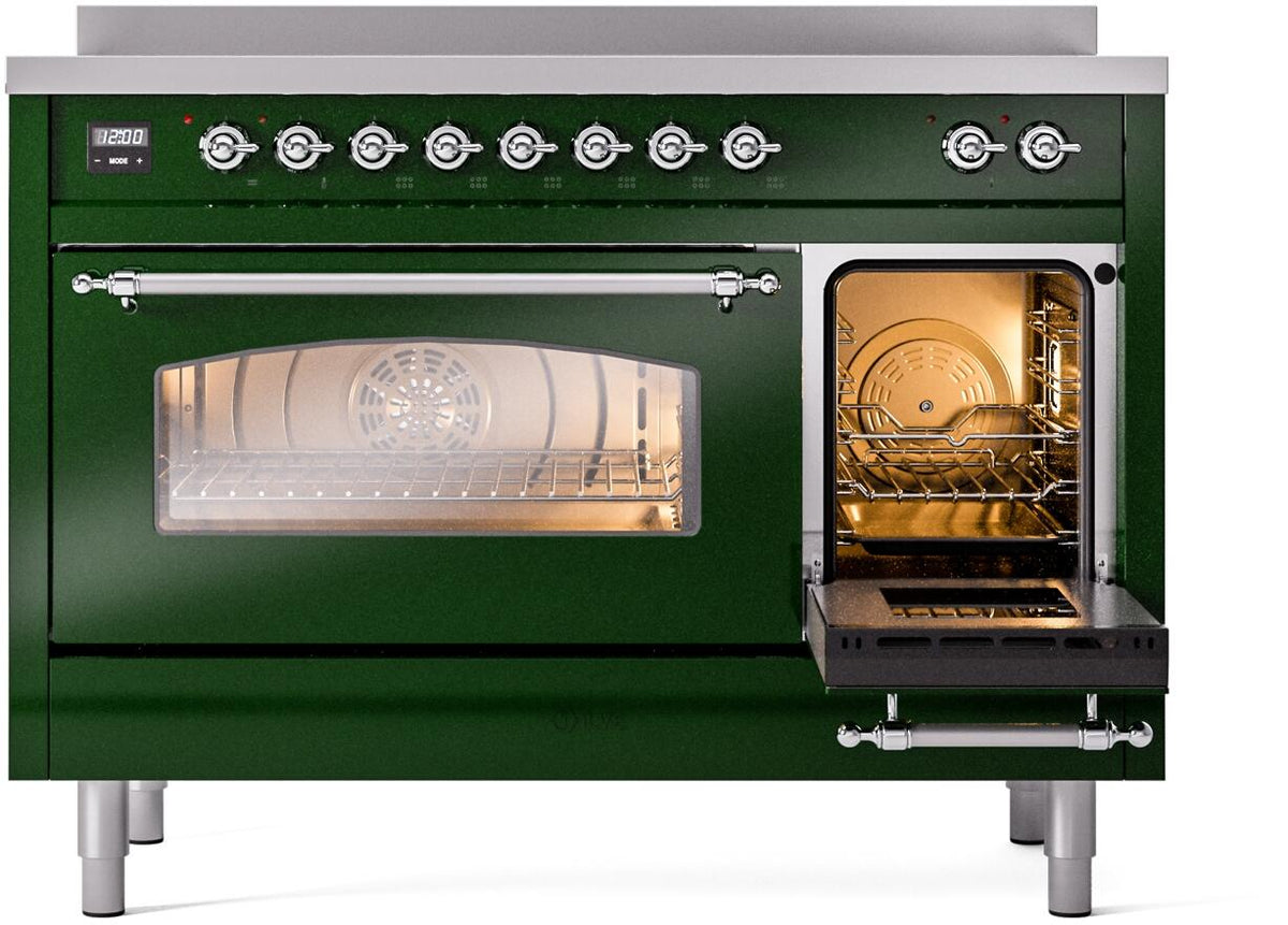 Freestanding electric induction range with one oven compartment open and racks inside
