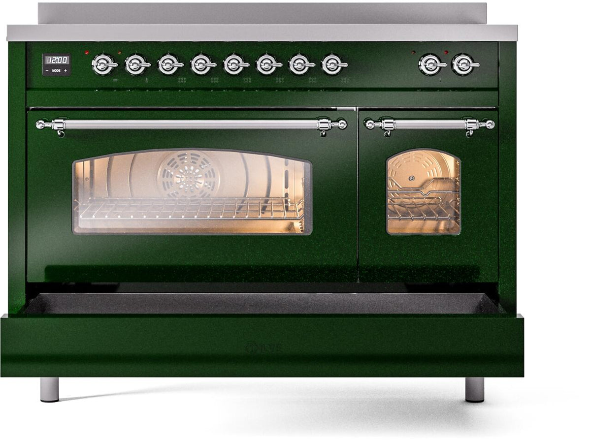 Freestanding electric induction range front view with glass door window and knobs