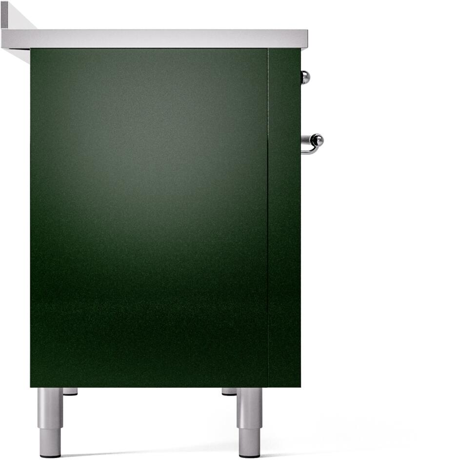 Freestanding electric induction range side panel in emerald green with chrome legs
