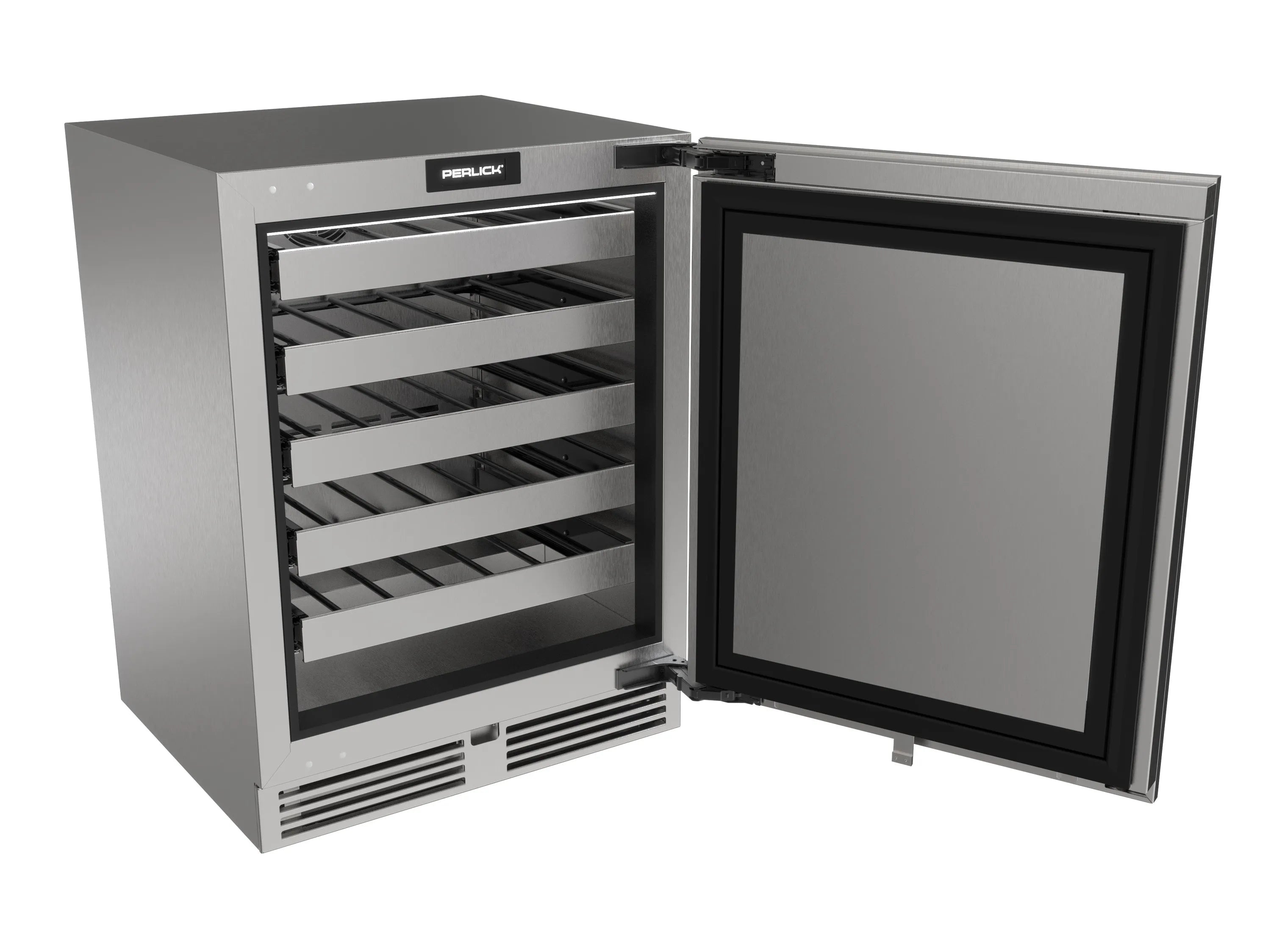 Undercounter wine cooler with open door revealing interior racks and black door frame
