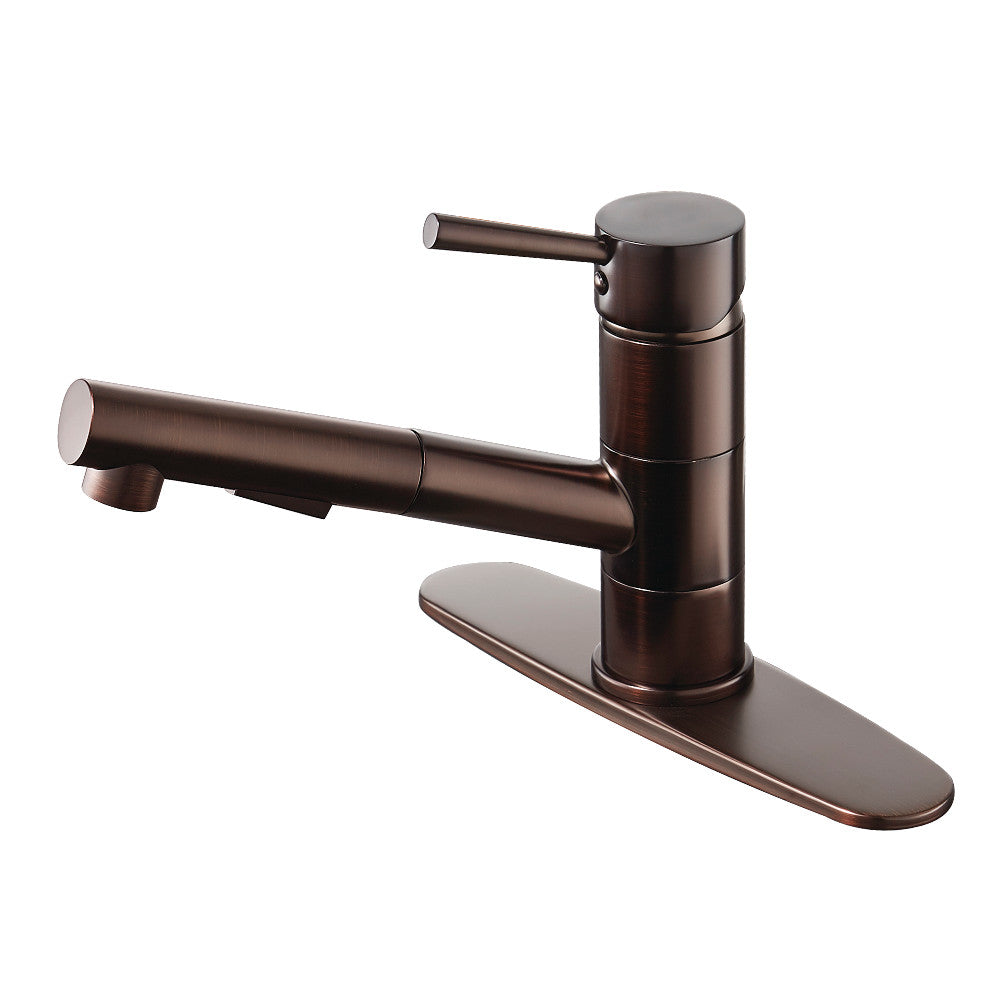 Single-handle pull-out kitchen faucet in oil-rubbed bronze, cylindrical spout and lever