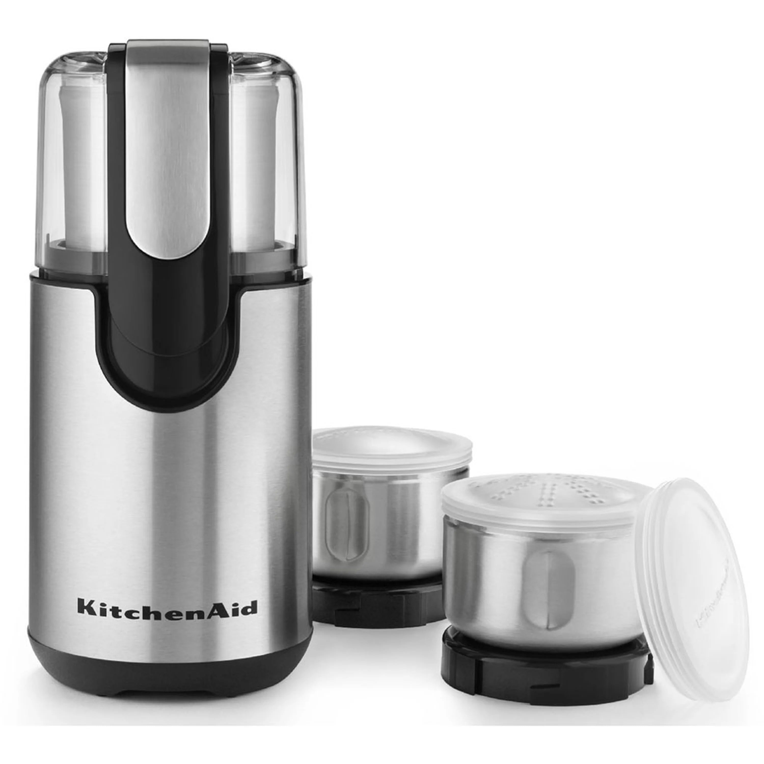 Blade coffee and spice grinder, stainless body with onyx black lid and jars