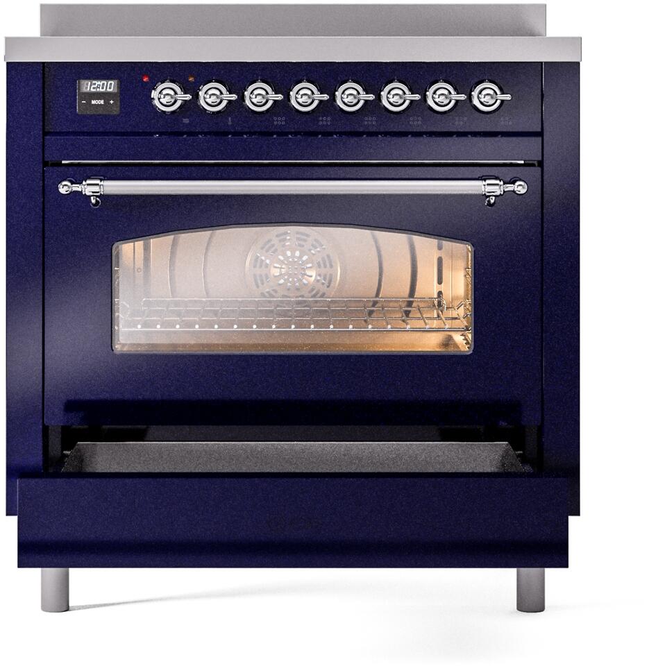 Freestanding electric range with midnight blue oven door window and chrome handle